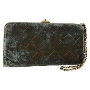 CHANEL Matelasse Clutch Bag Velor Green Gold CC Auth 142939